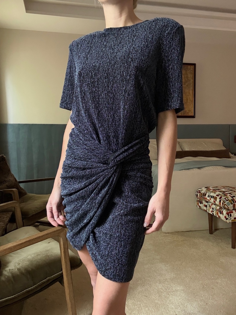 Mango Sparkle Charcoal Knot-Front Mini Dress